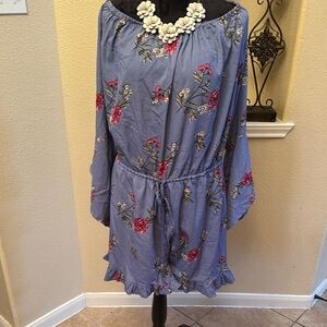 Floral Off-Shoulder Jumpsuit - Blue and Pink